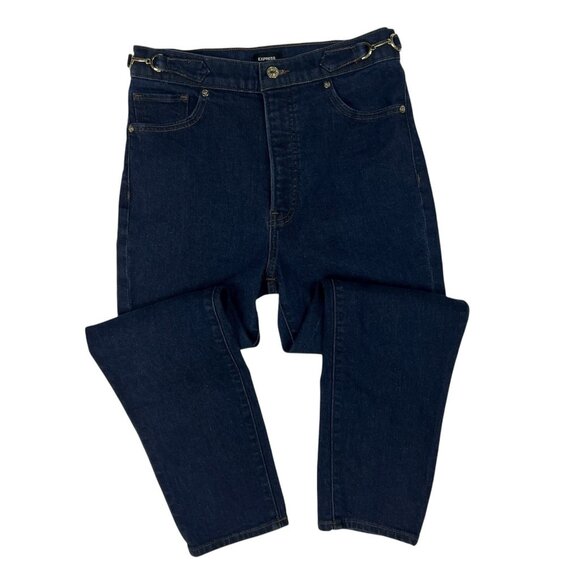 Express Super High Rise Mom Jeans Size 6 Side Tab Buckle Horsebit Dark Wash 5792 - Picture 2 of 11